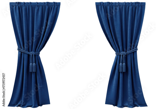Isolated blue window curtains with rope tiebacks for luxury interior and home decor textile