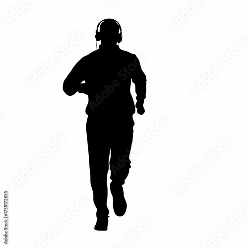Silhouette of a man jogging with headphones isolated on white background