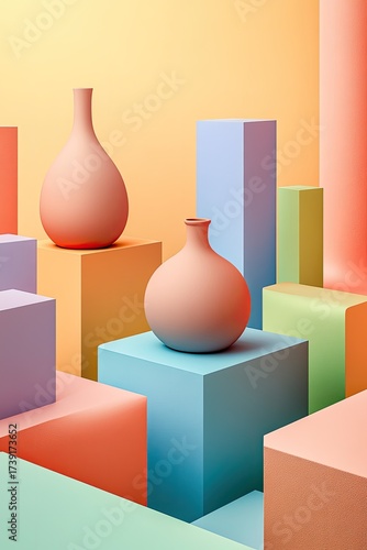 Vases & pastel cubes; minimal, clean, colorful still life