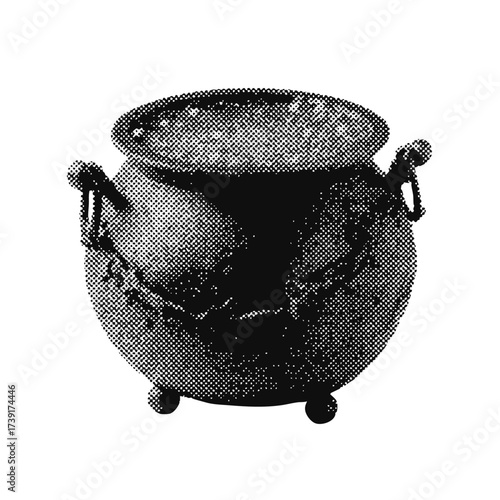 Modern grunge halftone effect witches cauldron design element. trendy gritty montage design icon
