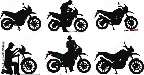Black Silhouette Set of Mechanic Repairing and Servicing Motorcycle, Working on Bike Tire and Engine, Isolated Vector Graphics for Automotive Industry

.