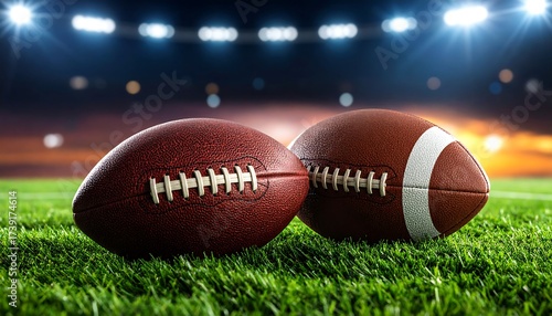 Two footballs, brown with white laces, sit on a green, grassy field, brightly lit by stadium lights under a colorful sunset