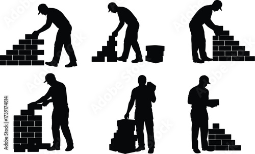 Black Silhouette Set of Bricklayer or Construction Worker Laying Bricks, Building Wall, Manual Labor, Isolated Vector Graphics for Trade and Building Industry

.