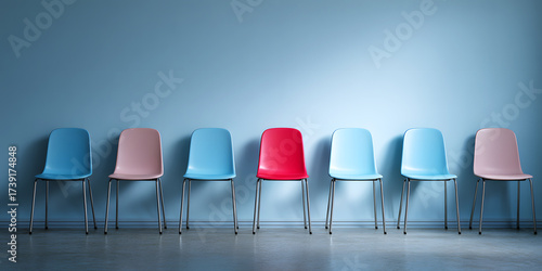 Empty chairs lined up against a blue wall with one red chair in the middle, symbolizing tech layoffs, unemployment, and job vacancies.  
