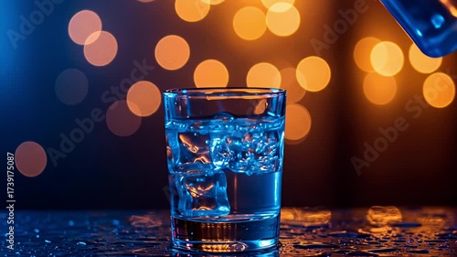 A glass shot of clear alcohol or water with ice is dramatically lit in blue, set on a wet, dark bar surface against a stunning bokeh background of blurred orange party lights, symbolizing a vibrant ni