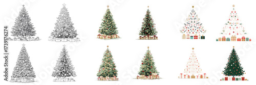 Christmas tree illustration set featuring silver tinsel, decorated green, minimal line and dotted styles with gift boxes. Festive evergreen collection, isolated on white for holiday design.
