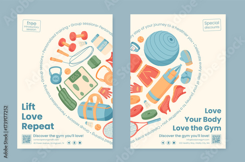 Flat banner design with sport and gym equipment set. Set of training accessories like dumbbell, bag, and bottle. Vibrant background promotes workout healthy lifestyle themes.