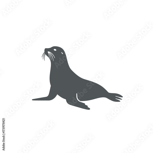 Silhouette of a Dark Gray Seal with Whiskers and Flippers.