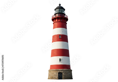 Isolated Red and White Striped Lighthouse Beacon Nautical Building on Coastline Landscape