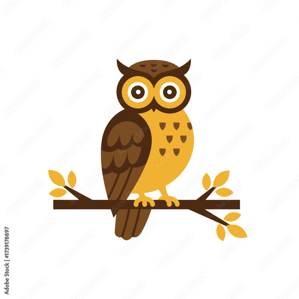 Obraz premium Stylized Owl Perched on Branch with Leaves, Brown and Yellow Plumage.