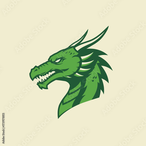 Stylized Green Dragon Head Illustration with Sharp Teeth, Horns, and Fierce Expression.