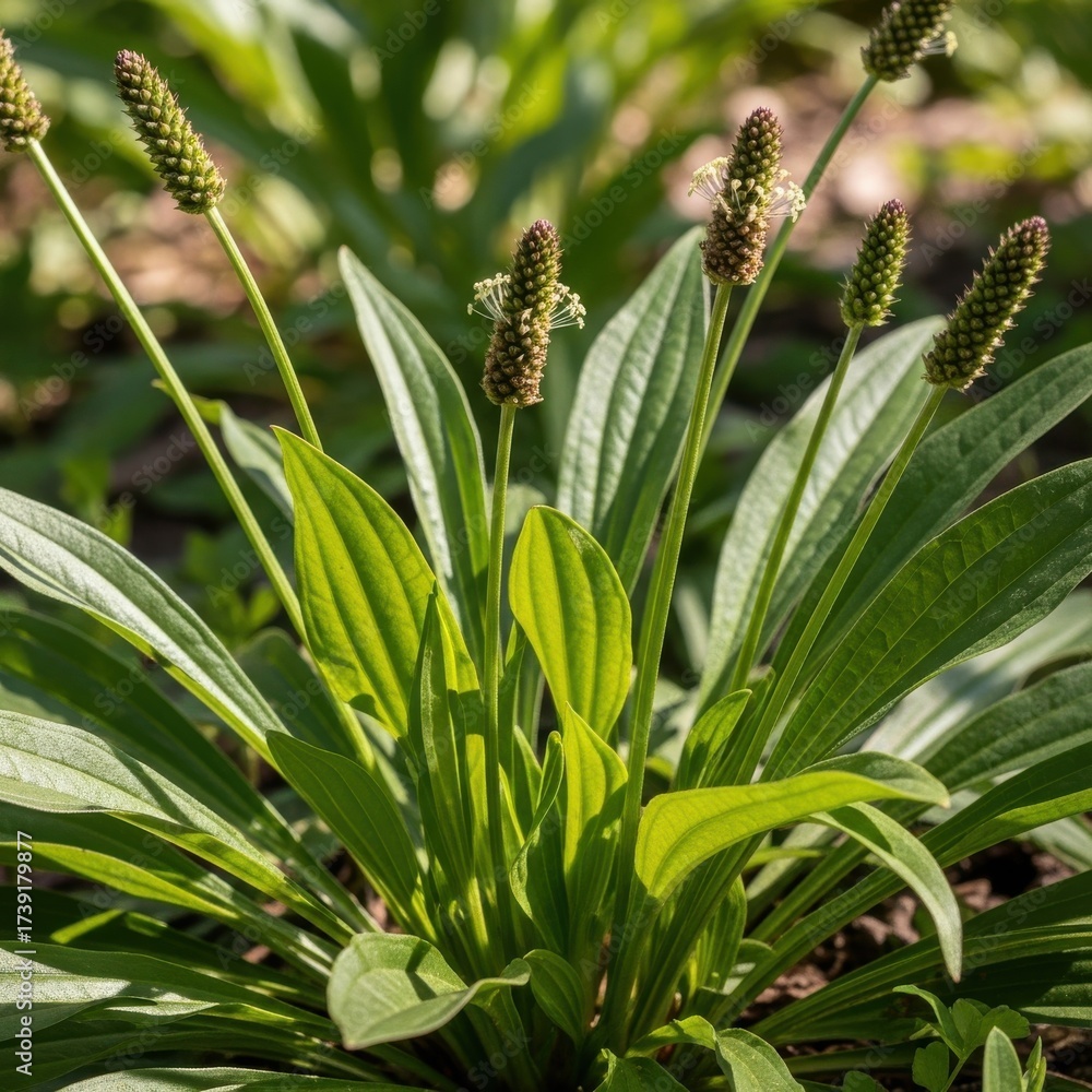 Obraz premium Close-up shot showcasing Plantago lanceolata, also known as ribwort plantain