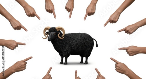 Black sheep surrounded by pointing fingers, representing exclusion or blame