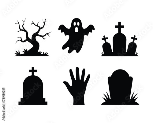 Set of six black silhouette halloween icons vector scalable illustration eps editable graphics silhouette vector illustration white background
