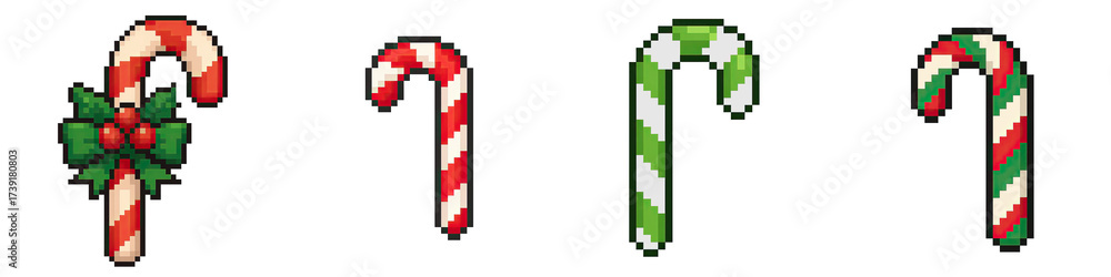 Fototapeta premium Christmas candy cane pixel art food drinks festive holiday decoration sweet treat green red white holly berry