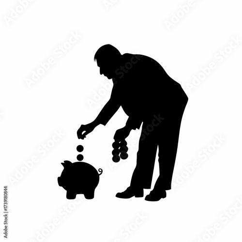Silhouette of a man putting coins in a piggy bank isolated on white background