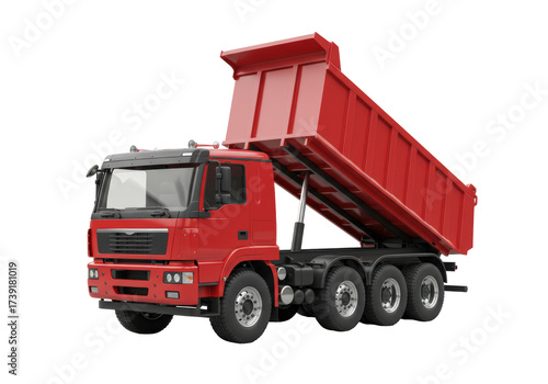 Isolated dump truck with the body up on transparent background, tipper, construction car