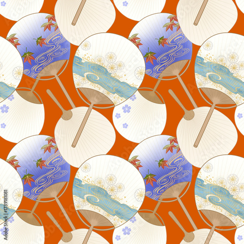 Seamless pattern of Traditional Japanese hand fans with maple leaves and flowers pattern on orange background. Uchiwa illustration. Chinoiseries wallpaper. Oriental decoration. 