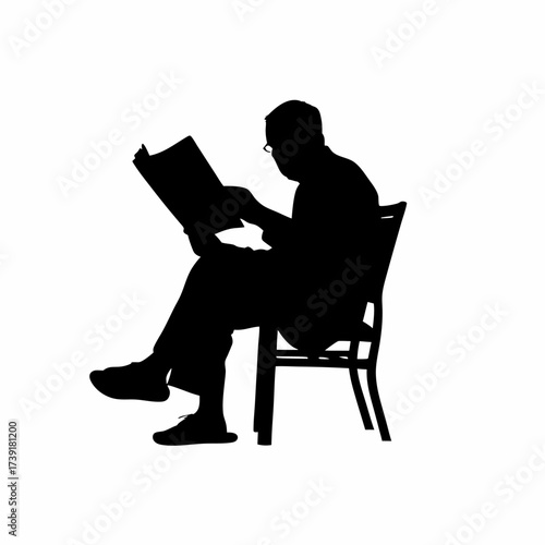 Silhouette of a man reading morning newspaper on chair isolated on white background