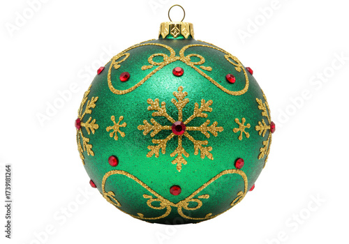 Isolated glittery green bauble Christmas ornament with gold glitter detail and red gems
