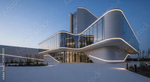 Modern architectural marvel a sleek, curved building with glass facade illuminated at dusk, showcasing innovative design and contemporary style