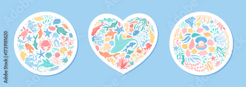 Underwater sticker set in flat style. Heart and round shapes with aquatic cartoon doodles. Marine life with fish, coral, and whale. Sea concept vibrant designs for playful decor.