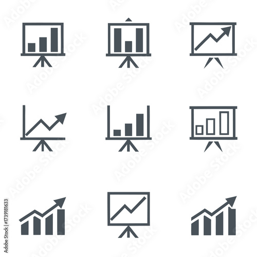 Collection of nine dark gray icons depicting various bar and line graphs on presentation boards chart