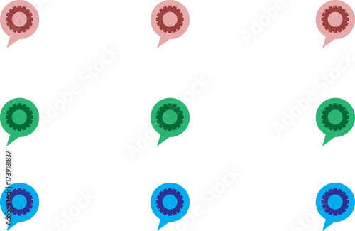 Set of 9 setting gear icons in RGB colours placed under communication chat bubbles, perfect for tech, messaging, and communication themes.