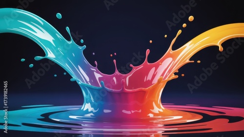 A vibrant explosion of colorful liquid creates a dynamic splash, showcasing the beauty of fluid motion and the interplay of light and color