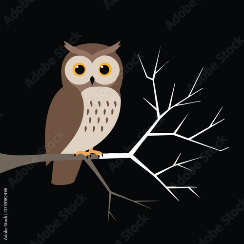 Cartoon Owl Sitting on Tree Branch at Night – Vector Illustration