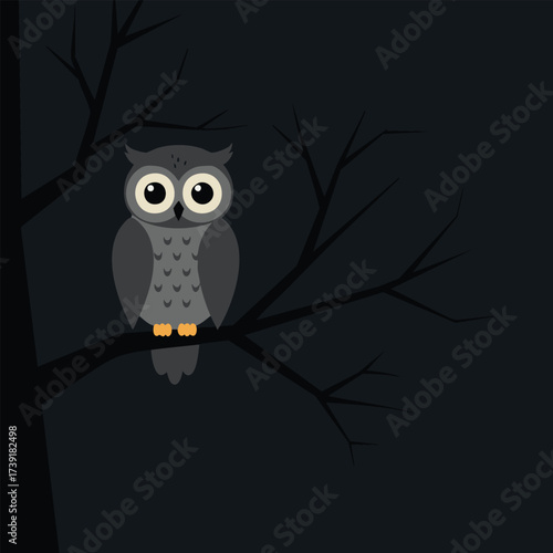 Cartoon Owl Sitting on Tree Branch at Night – Vector Illustration