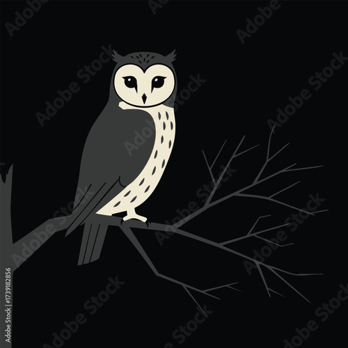 Cartoon Owl Sitting on Tree Branch at Night – Vector Illustration