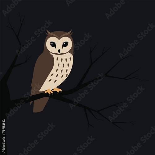 Cartoon Owl Sitting on Tree Branch at Night – Vector Illustration