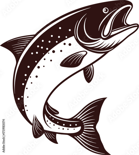 Red Fish Silhouette Jumping Streamlined Salmon or Trout Design with White Accents Perfect for Abstract and Nature Themed Art