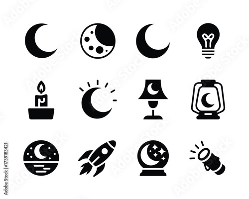 Set of 12 black and white hand-drawn style icons representing light and nighttime celestial objects and activities vector silhouette vector illustration white background