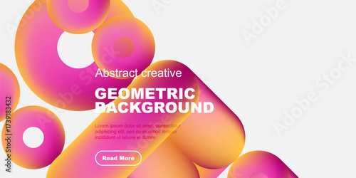 Abstract shapes, vibrant pinks, purples dominate black background. Text promotes geometric design, includes call to action.