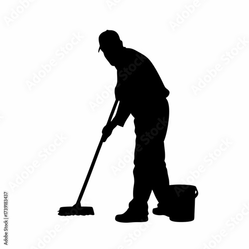 Silhouette of a man sweeping floor with broom isolated on white background