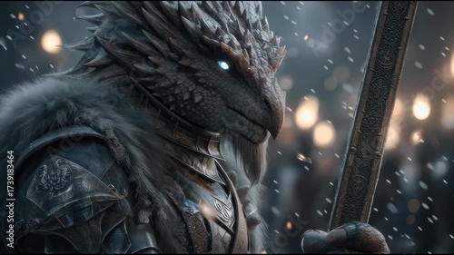 Epic fantasy battle a cinematic dragonlike creature wielding a sword in an enchanted arena dramatic atmosphere heroic perspective