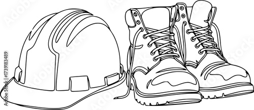 A hard hat and work boots are symbols of a departed worker. The concept of ending a career in construction, unemployment, and the reduction of manual labor due to automation.