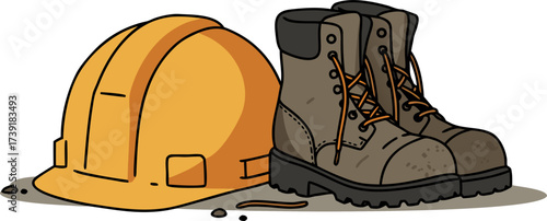 A hard hat and work boots are symbols of a departed worker. The concept of ending a career in construction, unemployment, and the reduction of manual labor due to automation.