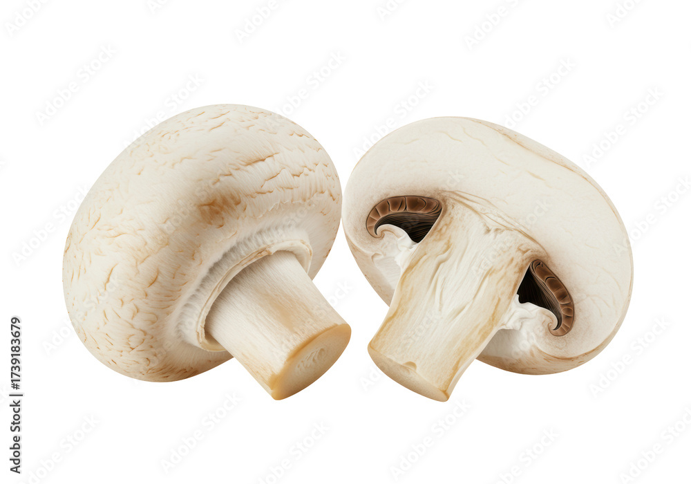 Fototapeta premium Isolated Two White Button Mushrooms Delicious Edible Fungus Fungi Ingredient Vegetarian Food