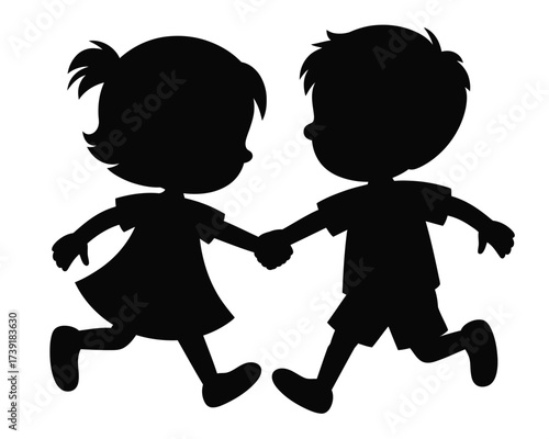 Silhouette vector illustration of two children holding hands running playfully scalable eps for general platform use silhouette vector illustration white background
