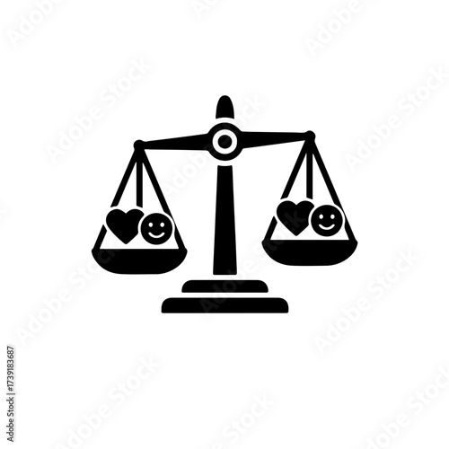 A thoughtful and balanced line-art icon featuring a classic Scale of Justice, where both pans are equally weighted with identical smile or heart symbols. design symbolizes balance in well-being