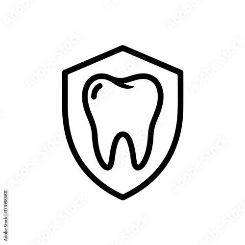 A bold and impactful line-art icon depicting a large, clean tooth encompassed by a strong protective shield. Perfect for promoting health awareness, dental insurance, clinics, or educational content