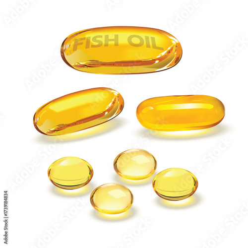 A realistic, vector illustration of shiny, amber-yellow fish oil softgels in various shapes (capsule and round drops), with one labeled. Ideal for health and supplement design