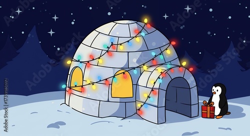 Winter scene with igloo decorated with lights and a penguin carrying a gift under a starry night