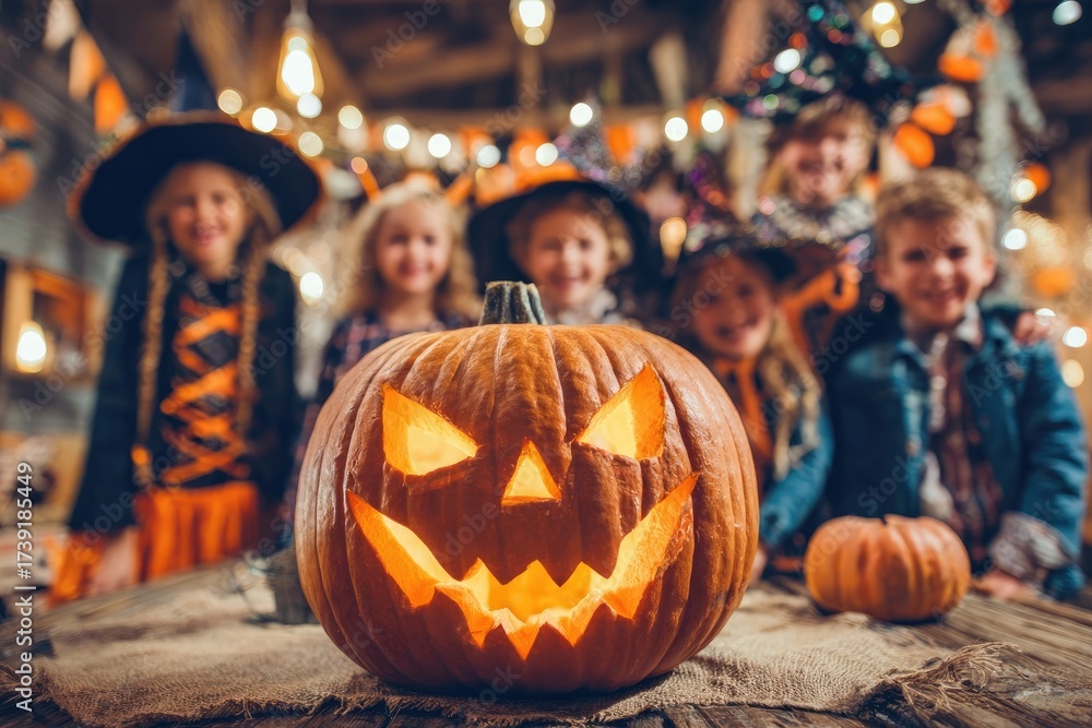 Fototapeta premium Halloween pumpkins standing at festive decorated table with a family in background.