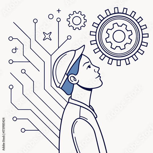 A line art illustration of a person looking up at gears and a circuit board with a white background