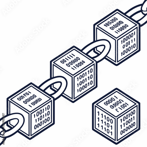 Isometric illustration of a blockchain with binary code on connected cubes and one detached cube