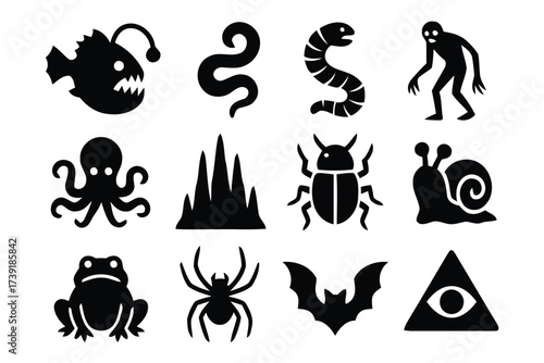 Collection of spooky monsters and creatures vector icons for halloween and horror themed designs silhouette vector illustration white background